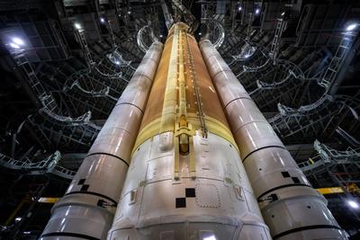 SLS platforms retracted in the VAB, wide view